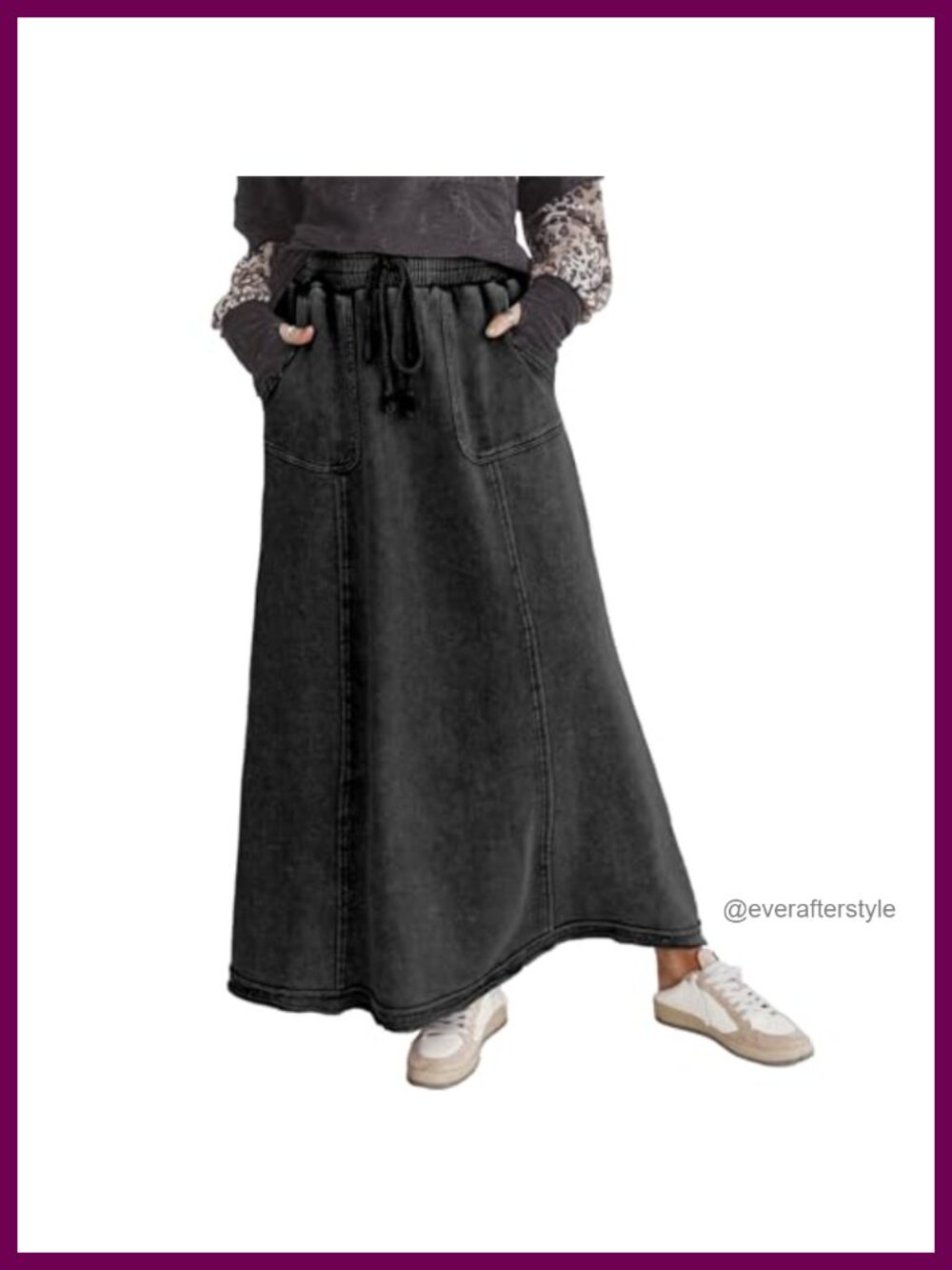 High Waist Acid Wash Maxi Skirt Cotton Blend A-Line Flowy Boho Travel